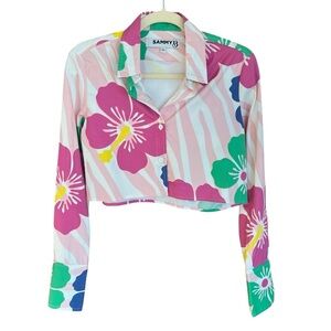 Sammy B Tropical Floral Crop Button Front Top Pink Multi Small Beach Vacation